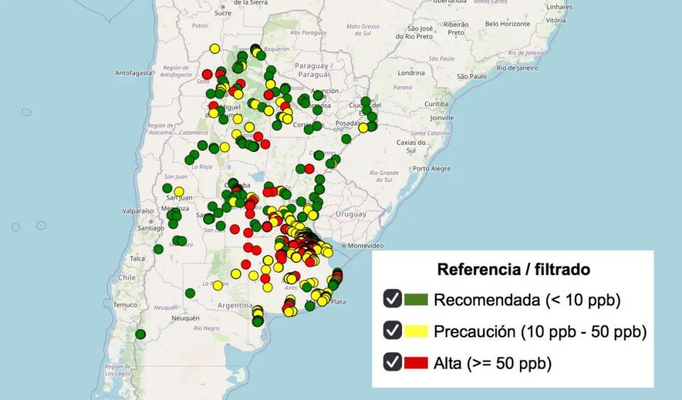 Mapa de muestras de Agua con Arsénico en Argentina